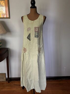 Cactus Celadon Green Sleeveless Handprinted Linen Maxi Tank Dress Vintage